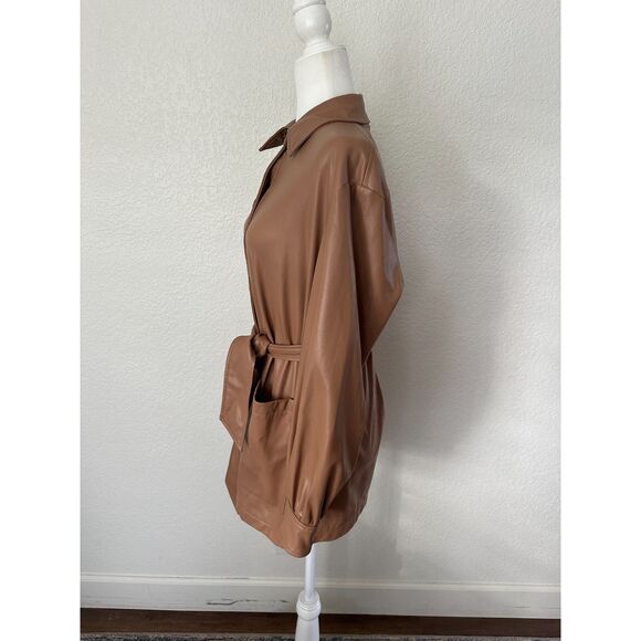 ZARA Vegan Leather Jacket Camel Short Trench Coat Size Medium - Picture 6 of 11